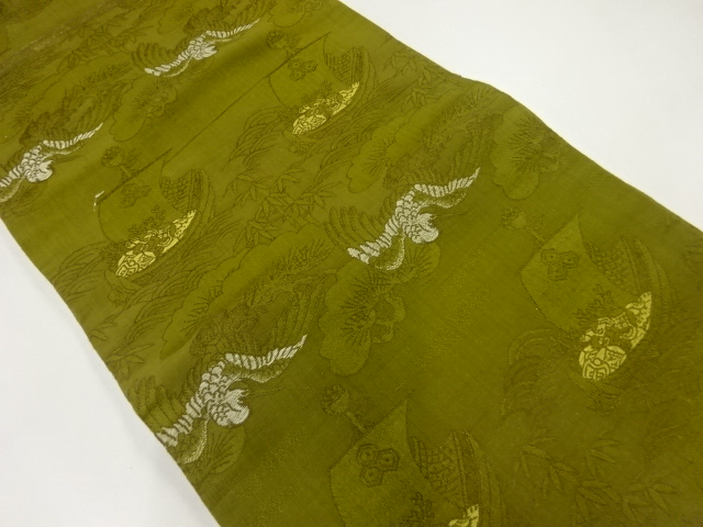 アンティーク　鶴に宝船模様織出し丸帯（材料）